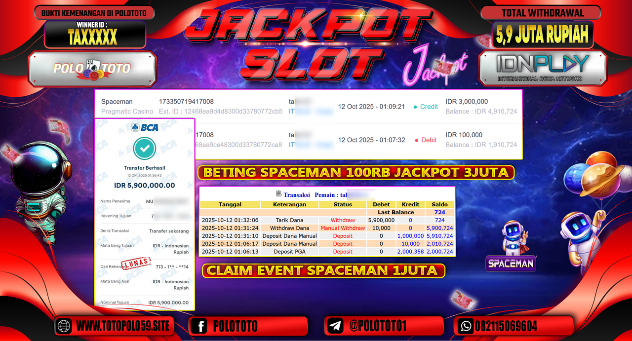 POLOTOTO JACKPOT SLOT SPACEMAN Rp.5.900.000,- LUNAS