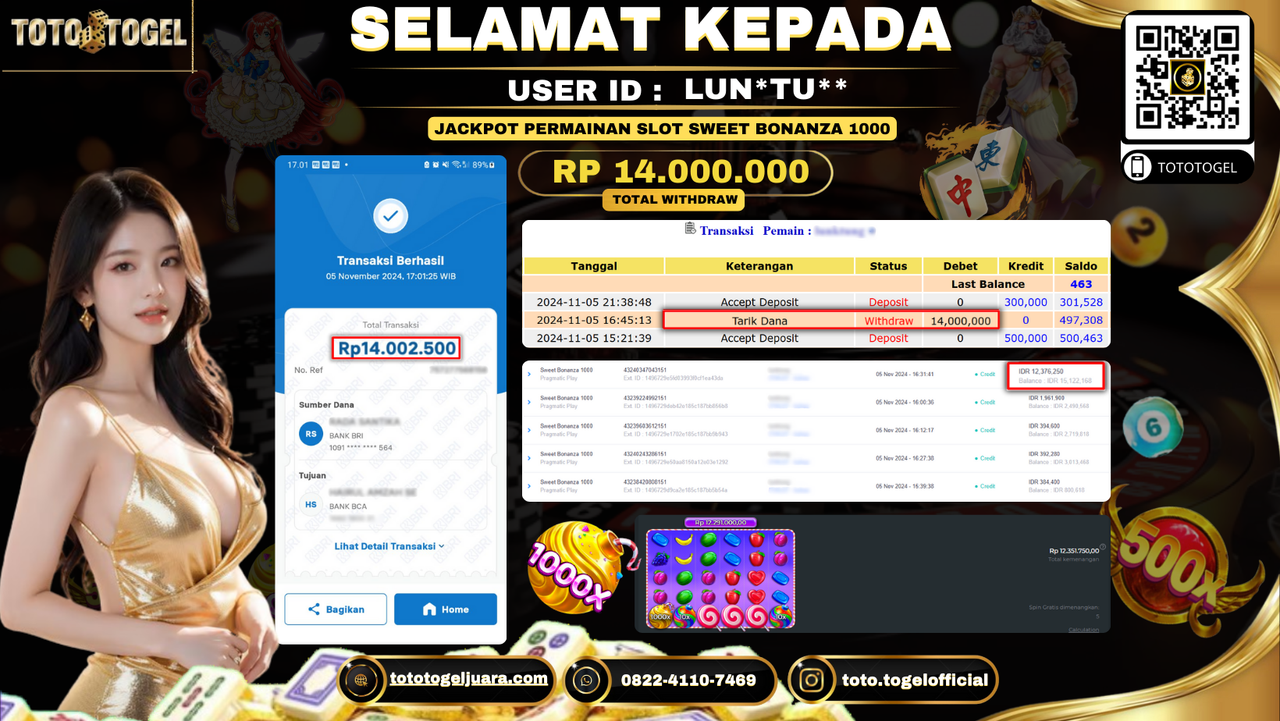 Bukti Pembayaran Jackpot Permainan Slot Sweet Bonanza 1000  ID:LUN**TU** LUNAS 