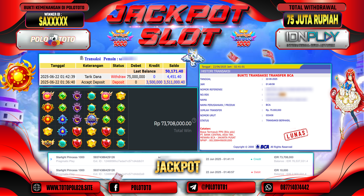 POLOTOTO JACKPOT SLOT STARLIGHT PRINCESS 1000 Rp.75.000.000,-
