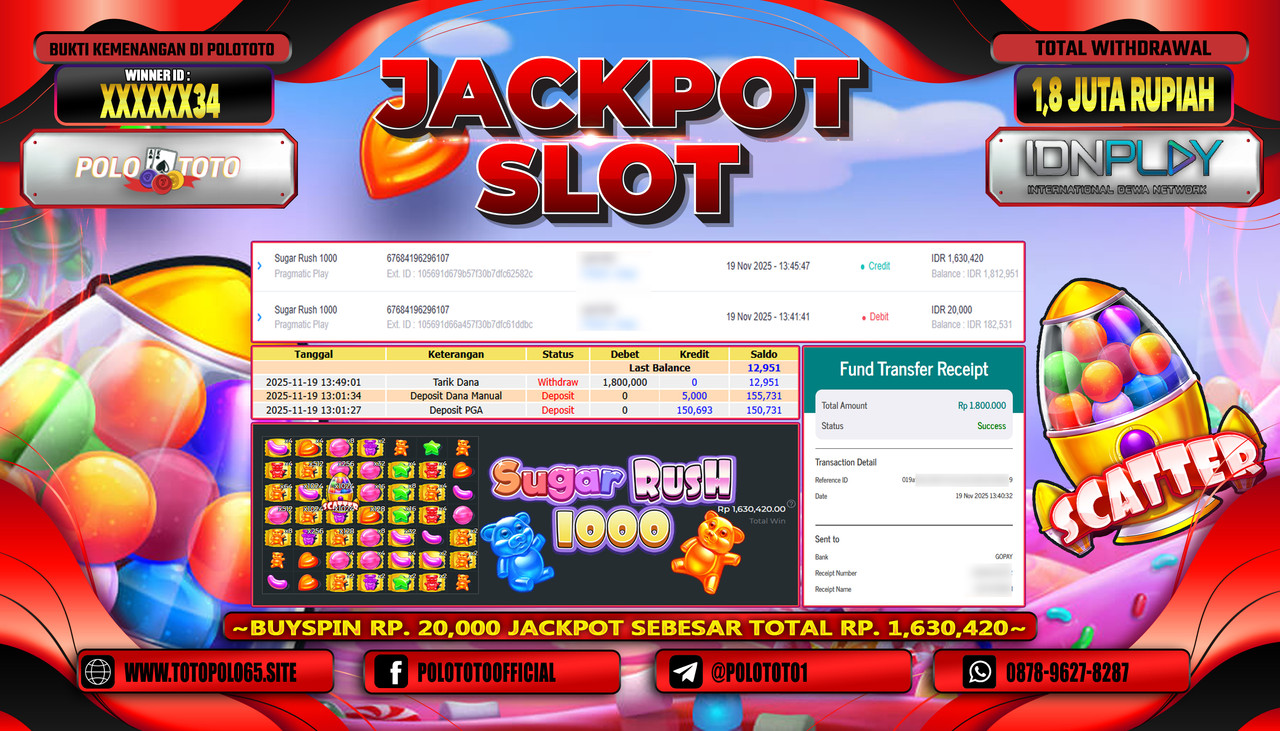 POLOTOTO JACKPOT SLOT SUGAR RUSH 1000 Rp.1.800.000,- LUNAS