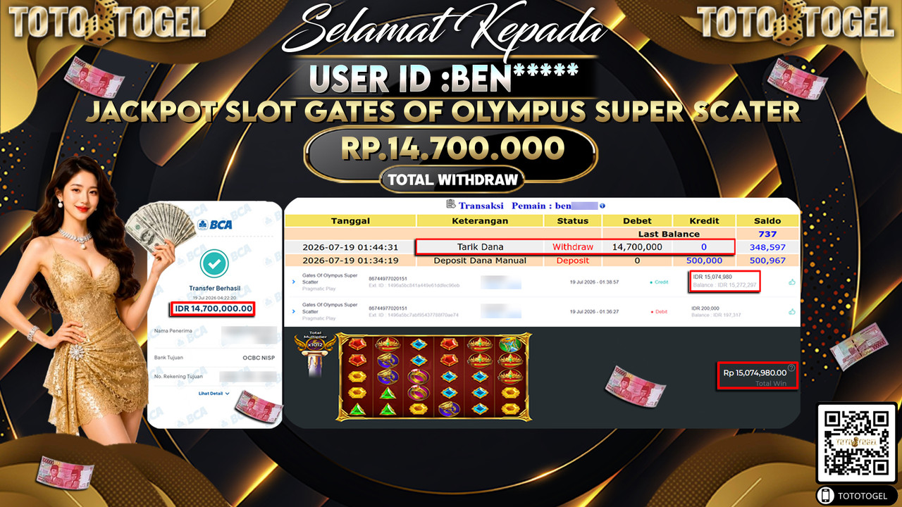 Bukti Pembayaran Jackpot SLOT GATES OF OLYMPUS SUPER SCATER ID:BEN****LUNAS
