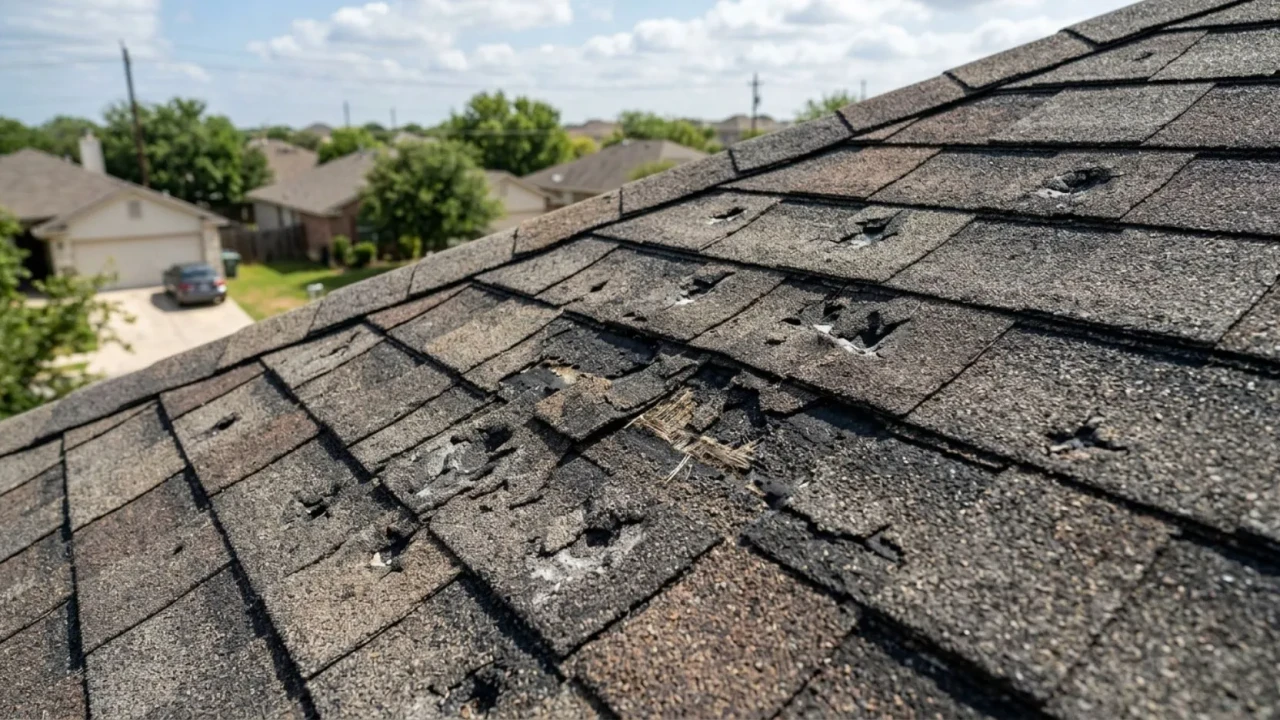 Hail damage on a 15-year-old asphalt shingle roof in San Antonio Texas showing granule loss and impact marks