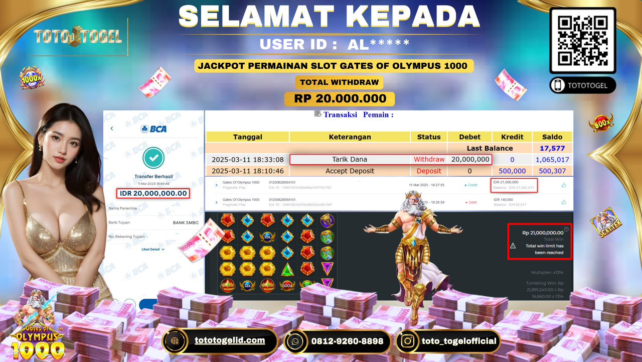 Bukti Pembayaran Jackpot  Permainan Slot Gates Of Olympus 1000 ID:AL***** LUNAS