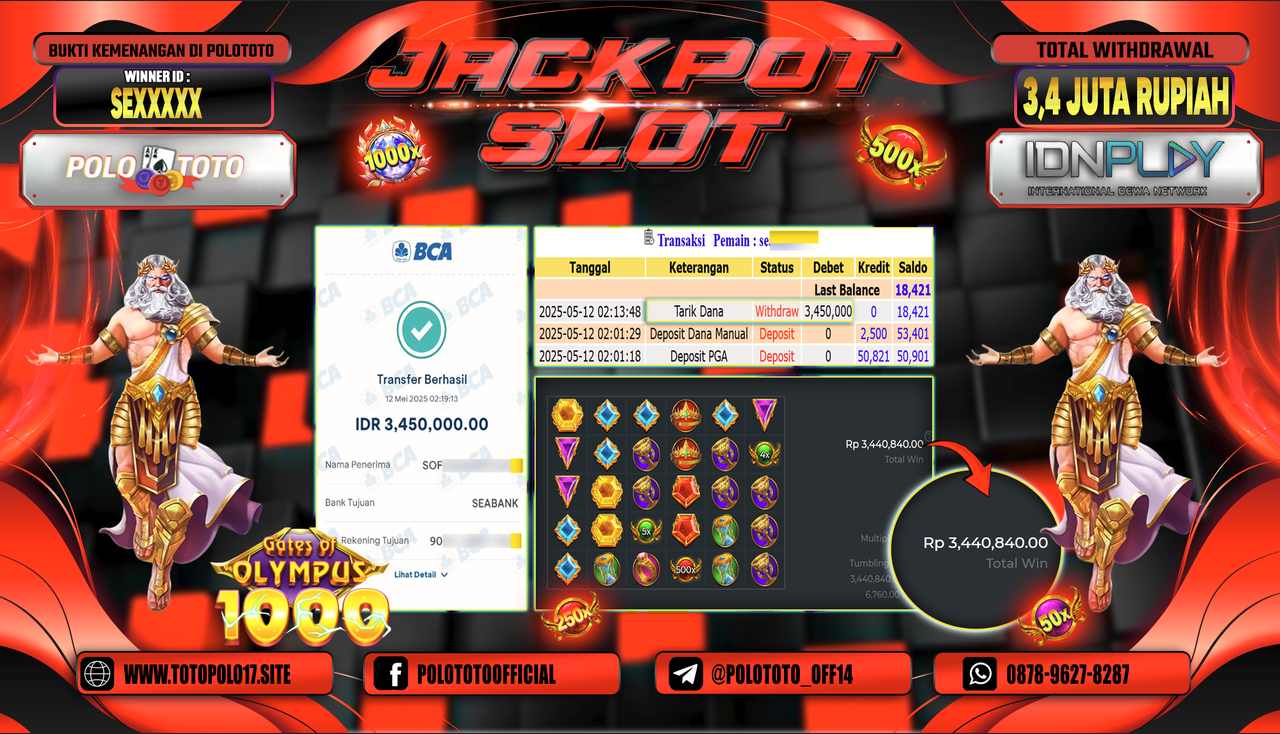POLOTOTO JACKPOT SLOT GATES OF OLYMPUS 1000 Rp.3.450.000,-