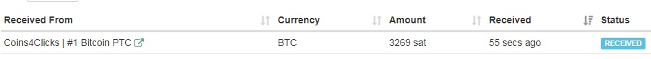 5th payment from Coins4clicks ( 0.00003269 BTC ) Coins4payment