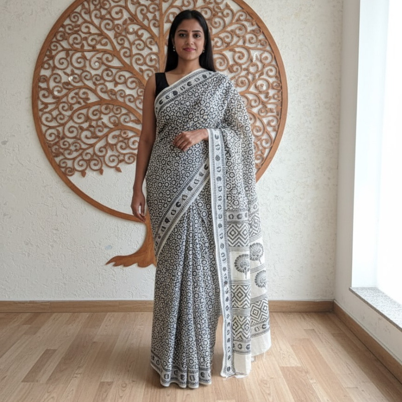 Handblock Printed Flex Cotton Saree | Soft Breathable Cotton Blend | Everyday Elegant Ethnic Wear