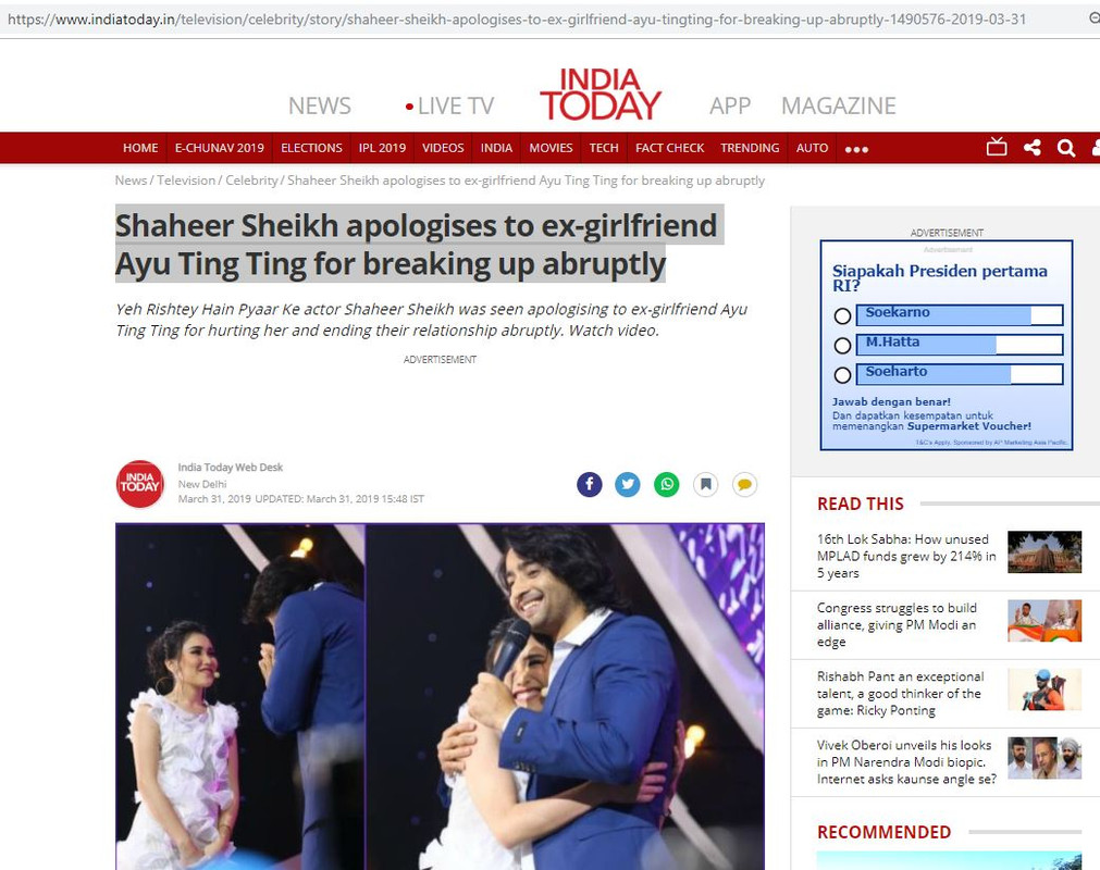 Pertemuan kembali Ayu Ting Ting dan Shaheer Sheikh dibahas di media India