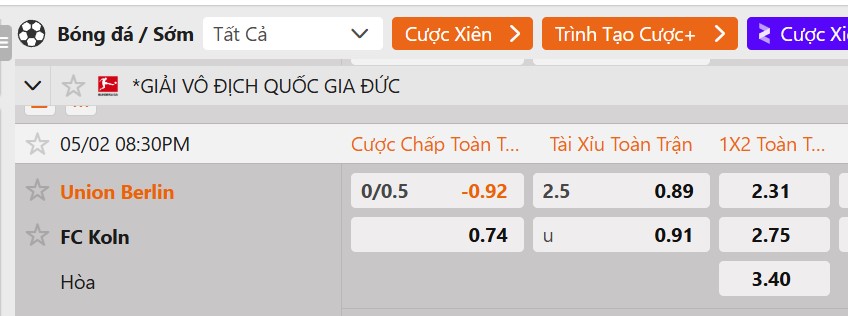 Tỷ lệ kèo Union Berlin vs Koln