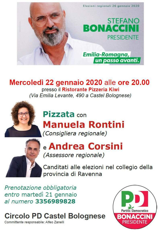 Mercoledì 22 gennaio a Castel Bolognese “Pizzata con Manuela Rontini e Andrea Corsini” candidati alle elezioni regionali