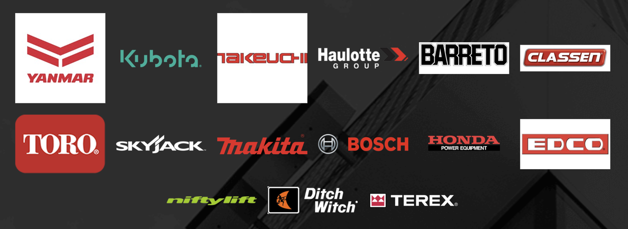 Brands we carry: Yanmar, Kubota, Takeuchi, Haulotte, Barreto, Classen, Toro, Skyjack, Makita, Bosch, Honda, EDCO, Niftylift, Ditch Witch, Terex