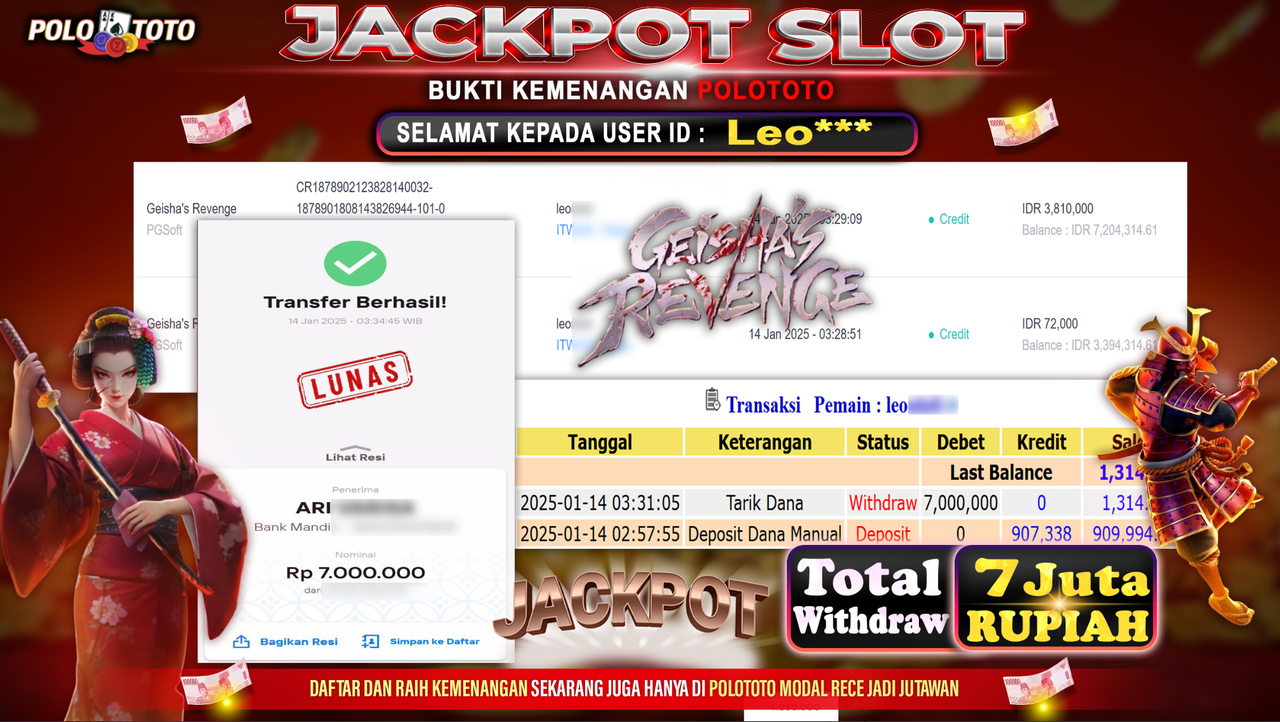 POLOTOTO JACKPOT SLOT GEISHA REVENGE Rp.7,000.000,-