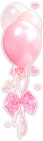 White, peach orange, and pink balloons floating with a pink heart at the end. Surrounding the balloons are pink and orange hearts.