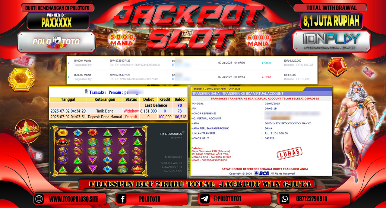 POLOTOTO JACKPOT SLOT 15.000x MANIA Rp.8.151.000,-
