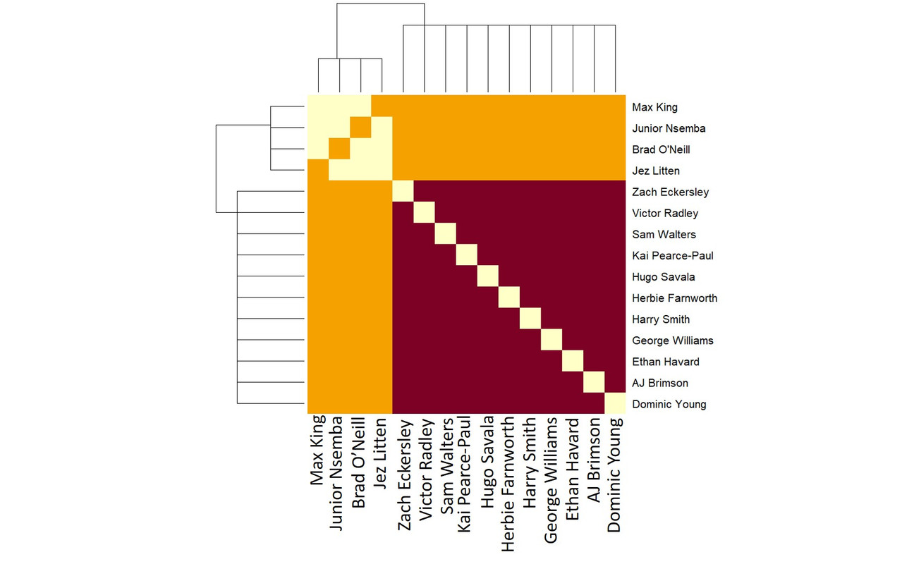Matrix of which players were together when England scored.  Because England only had 4 point-scoring moments so the chart is simple, with the players who were together for all 4 points in purple and the ones present for fewer (2) in orange.  The one exception is Max King who is in very pale yellow where he crosses over with Nsemba and ONeill suggesting they didn't play together as often.