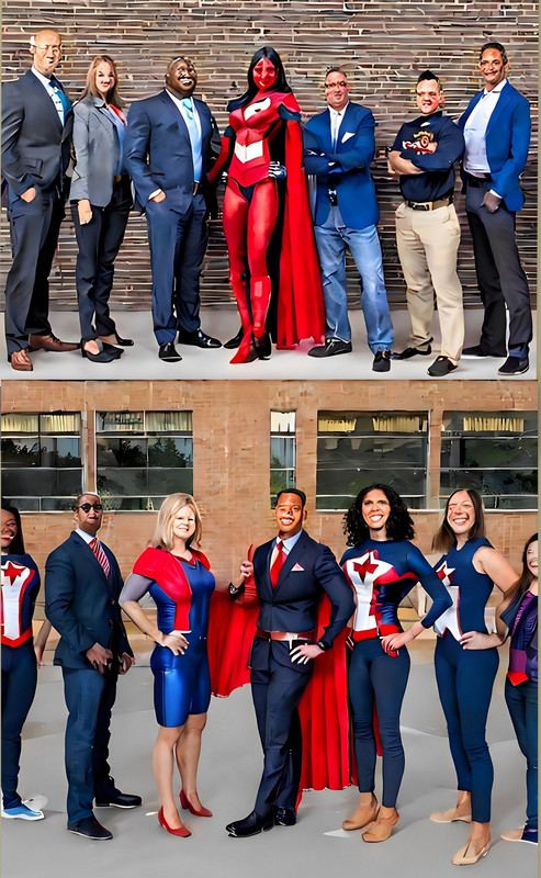 two groups of people, some in business attire and some in superhero costumes