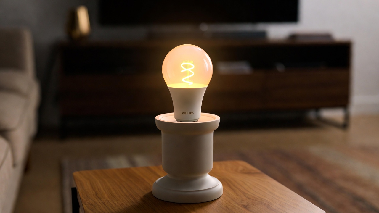 Philips Hue White and Color Ambiance A19 bulb glowing with warm amber light in a living room lamp