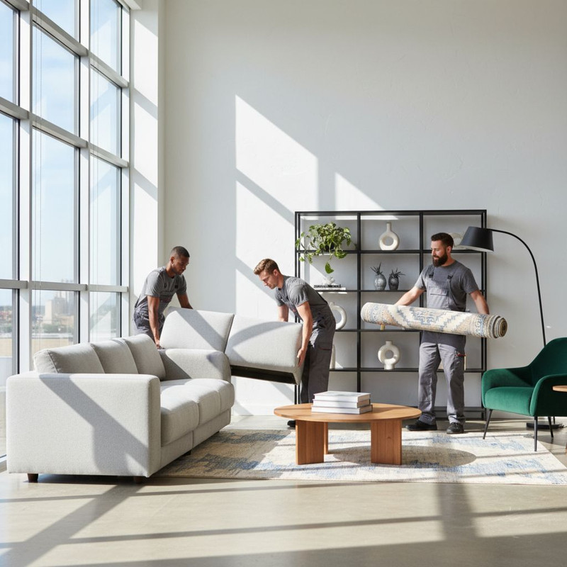 Стильный современный интерьер гостиной, обставленный с помощью услуги аренды мебели для временного проживания.