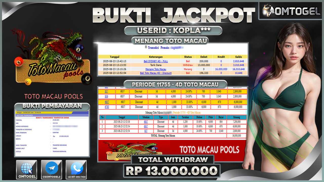 OMTOGEL JACKPOT TOTO MACAU 4D 3D 13 JUTA DI BAYAR LUNAS ,-