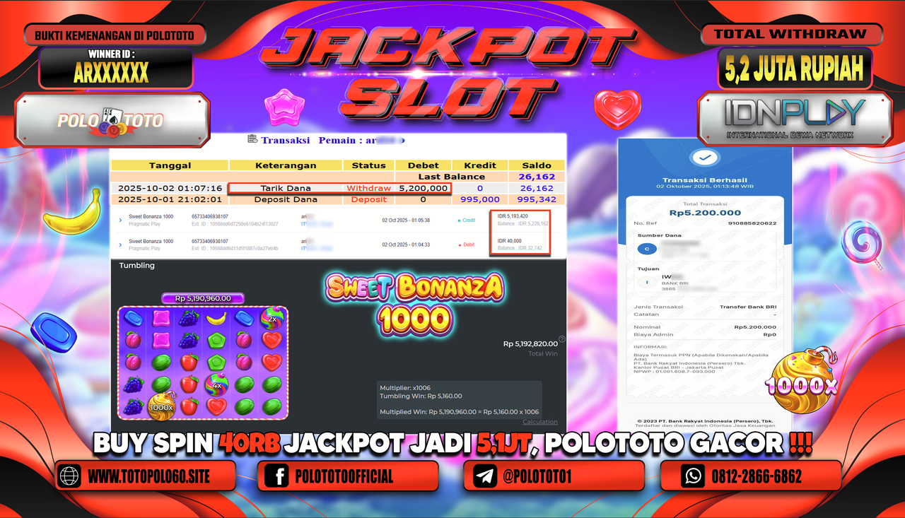 POLOTOTO JACKPOT SLOT SWEET BONANZA 1000 Rp.5.200.000,- LUNAS