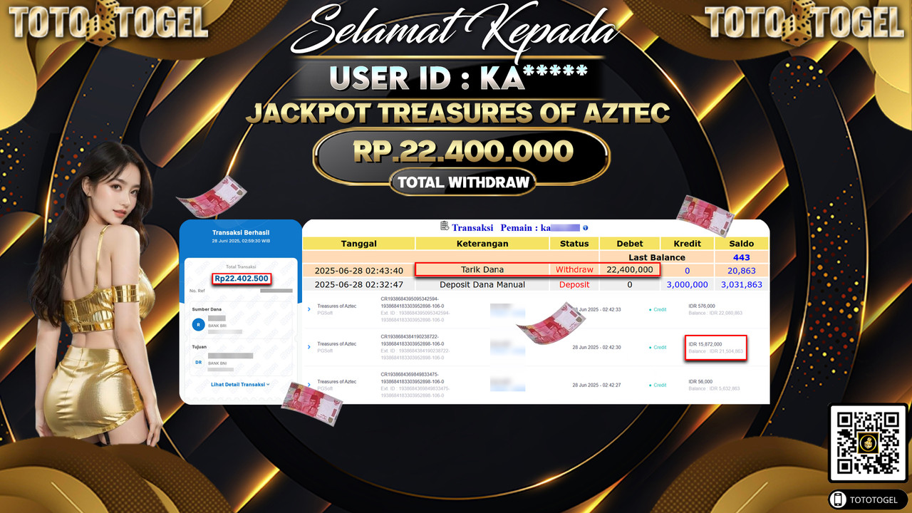 Bukti Pembayaran Jackpot Permainan Slot Treasures Of Aztec ID:KA***** LUNAS