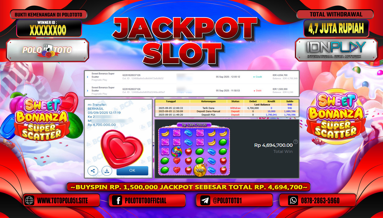 POLOTOTO JACKPOT SLOT SWEET BONANZA SUPER SCATTER Rp.4.700.000,- LUNAS