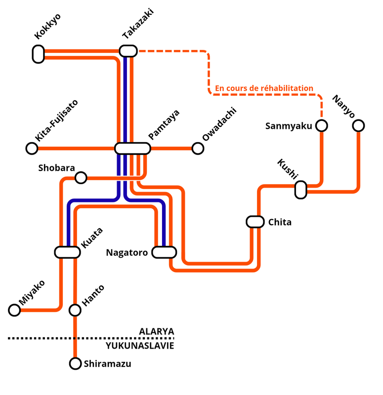 Carte générale du réseau ferré en Alarya à date du 1 avril 2020
