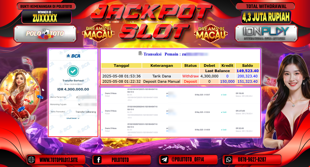 POLOTOTO JACKPOT SLOT DREAMS OF MACAU Rp.4.300.000,-