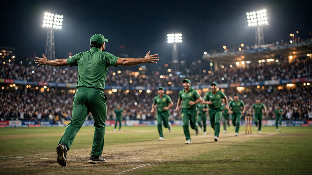 Pakistan bowlers celebrate a wicket under the Rawalpindi floodlights (illustrative AI image)