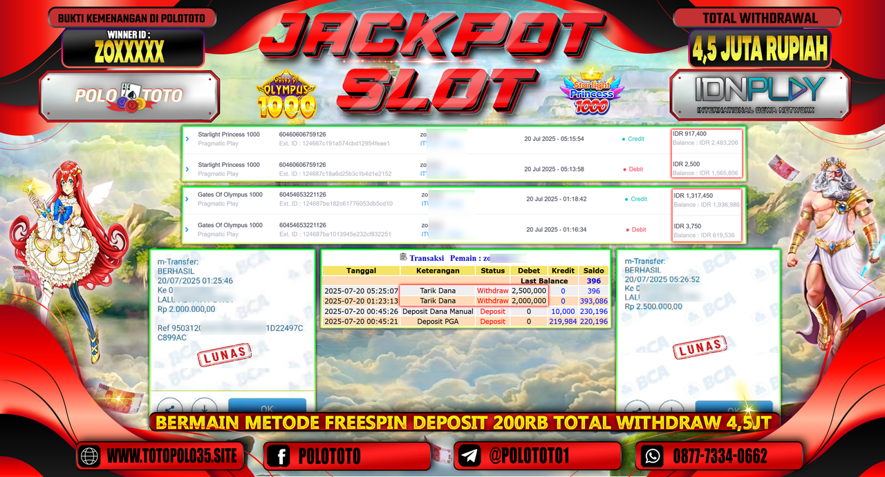 POLOTOTO JACKPOT SLOT GATES OF OLYMPUS 1000 Rp.4.500.000,- LUNAS