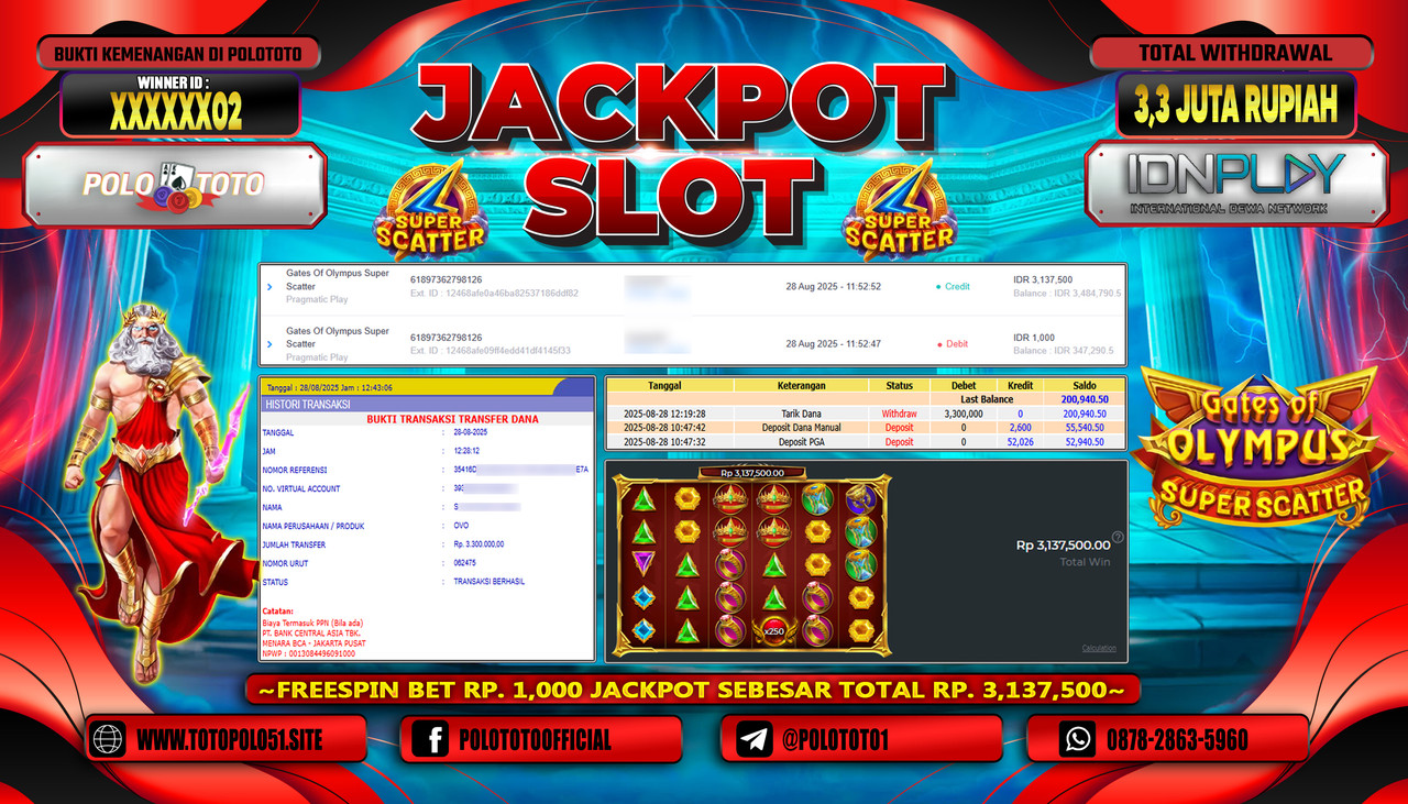 POLOTOTO JACKPOT SLOT GATES OF OLYMPUS SUPER SCATTER Rp.3.300.000,- LUNAS