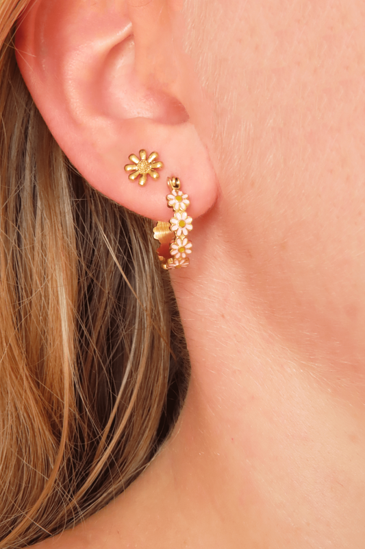 Cheerful hoops with pink daisies! Pair these earrings with our gold Daisy  studs.