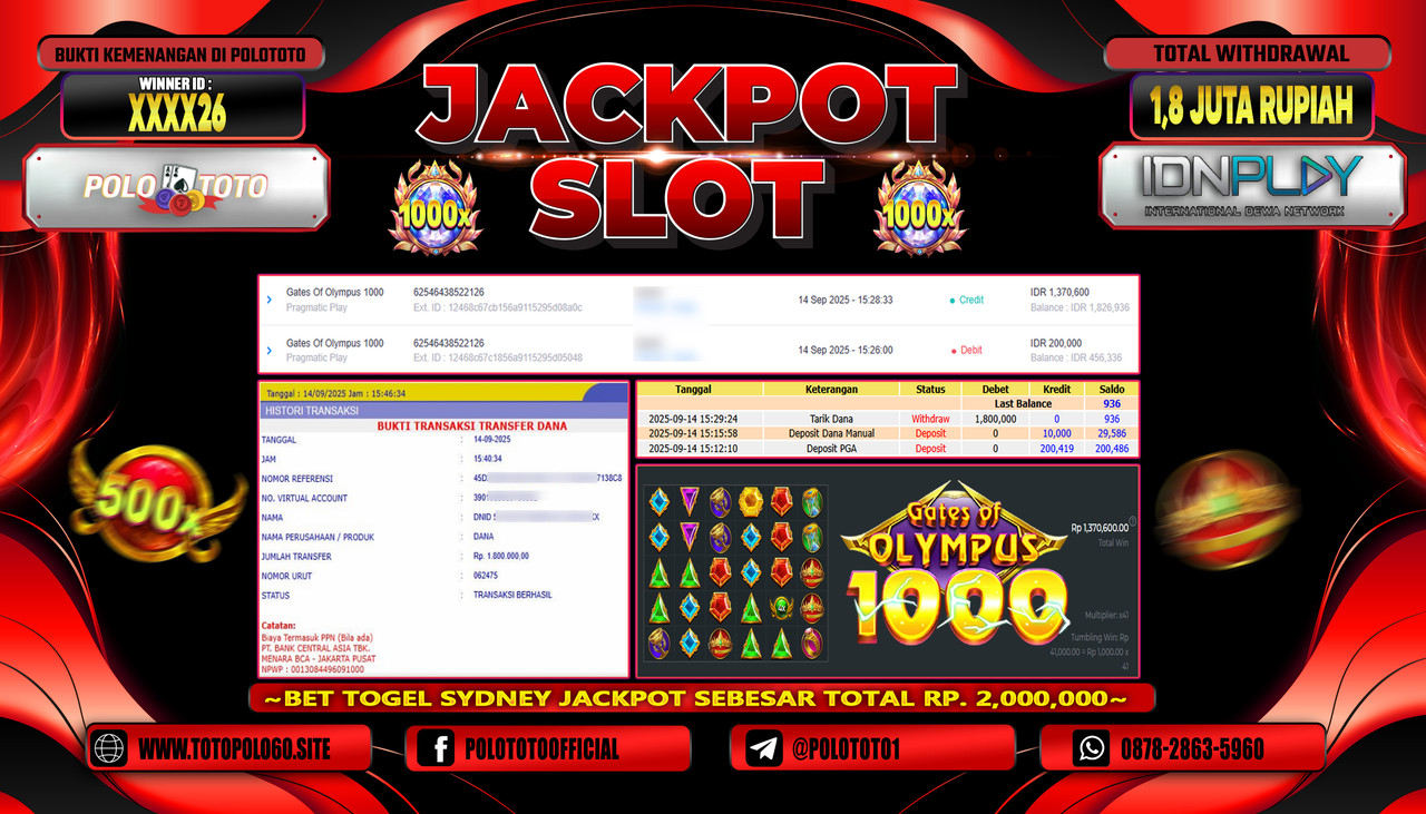 OLOTOTO JACKPOT SLOT GATES OF OLYMPUS 1000 Rp.1.800.000,-LUNAS