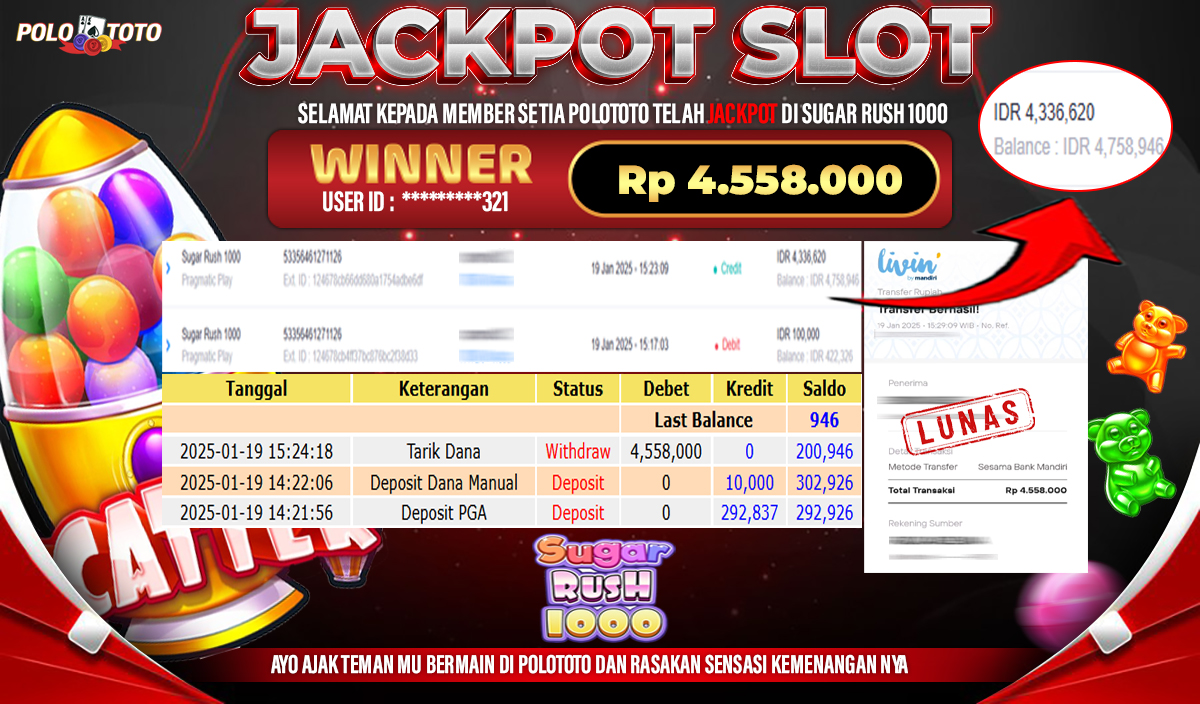 POLOTOTO JACKPOT SLOT SUGAR RUSH 1000 Rp.4,558.000,-