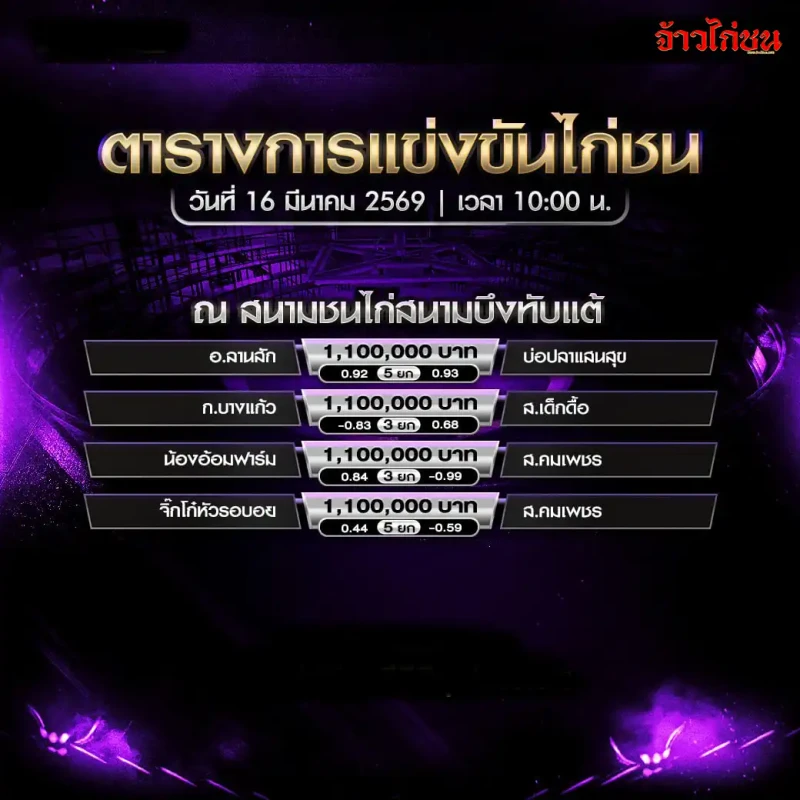 โปรแกรมไก่ชน สนามชนไก่บึงทับแต้ วันจันทร์ที่ 16 มีนาคม 2569 รูปใบโปรแกรม