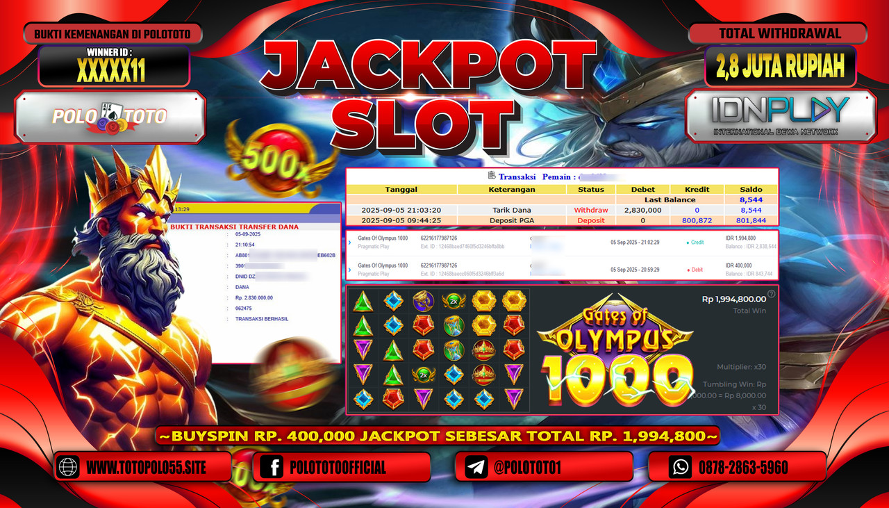 POLOTOTO JACKPOT SLOT GATES OF OLYMPUS 1000 Rp.2.800.000,- LUNAS