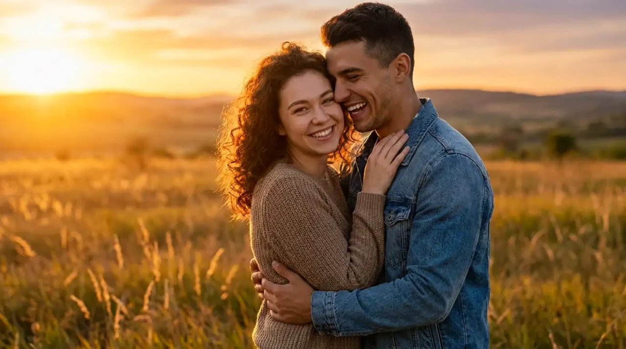 Pareja de enamorados sonriendo felices y abrazados en un cálido campo abierto durante el atardecer
