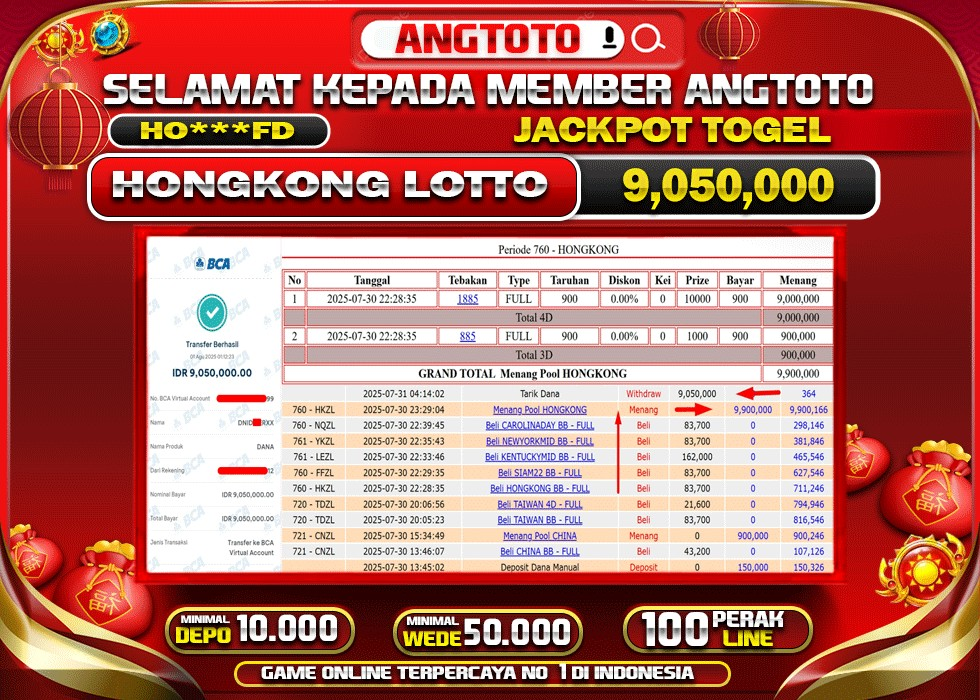 BUKTI PELUNASAN 31 JULY 2025 MENANG DI PASARAN HONGKONG LOTTO TOTAL WD 9 JUTA