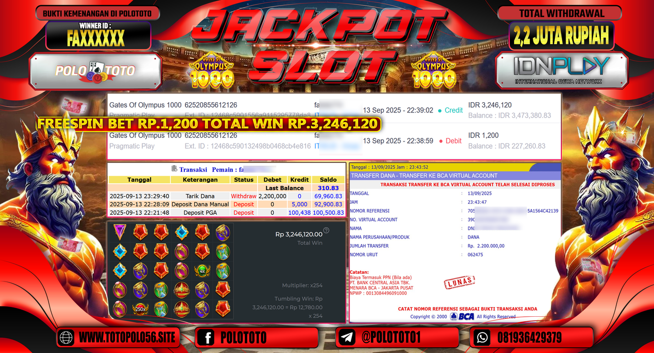 POLOTOTO JACKPOT SLOT GATES OF OLYMPUS 1000 Rp.2.200.000,-