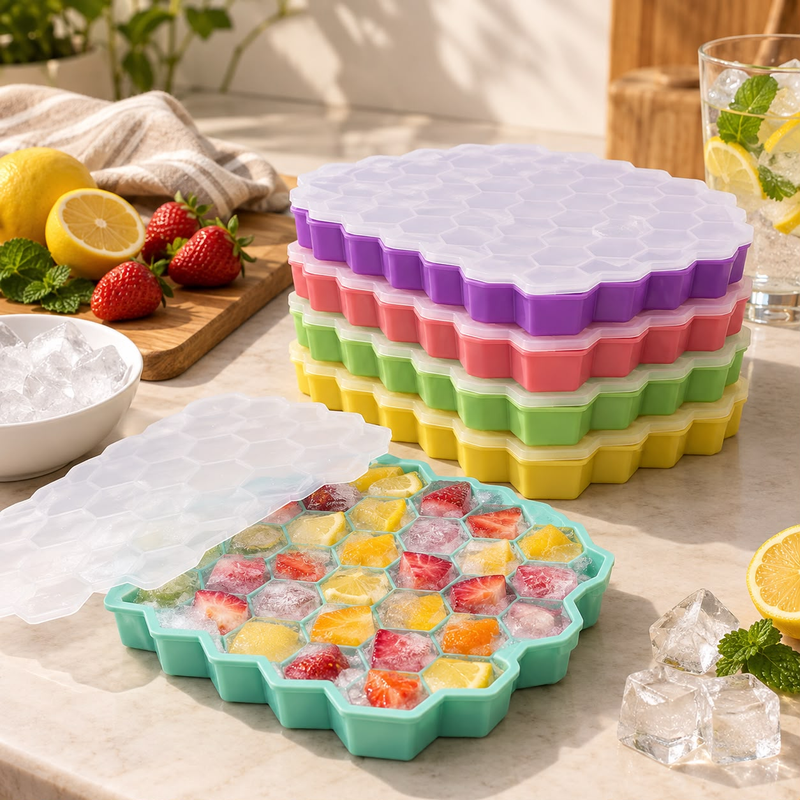 Honeycomb Ice Cube Silicone Tray with Silicone Lid Cover