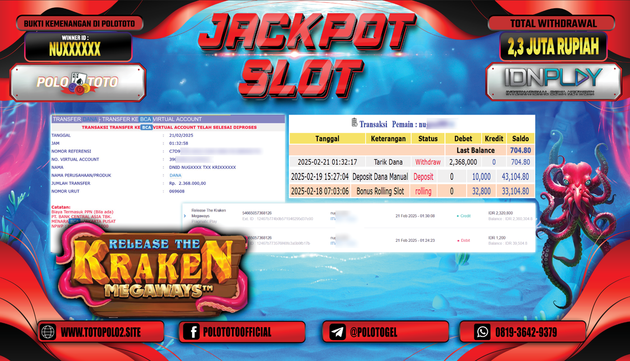 POLOTOTO JACKPOT SLOT RELEASE THE KRAKEN MEGAWAYS Rp.2.368.000,-