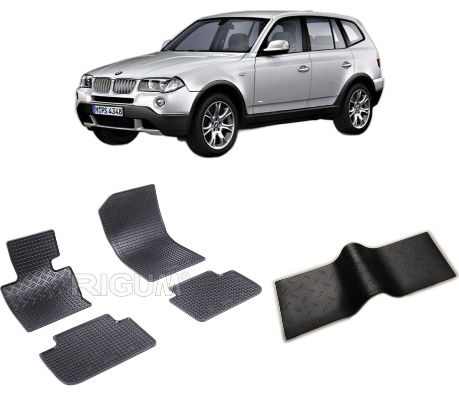 Set covorase auto BMW X3 E83 din 01.2004-10.2010, cu covoras tunel median, CAROSERIE SUV, Presuri cauciuc 100%, compatibil cu autoturismul BMW X3 E83, Rigum