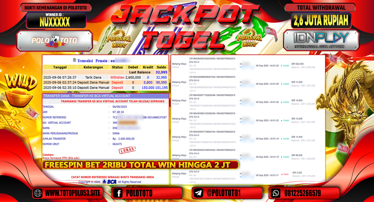 POLOTOTO JACKPOT SLOT MAHJONG WAYS Rp.2.600.000,-
