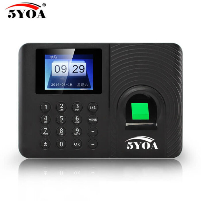 Control de asistencia biométrico con lector de huella digital y pantalla TFT.