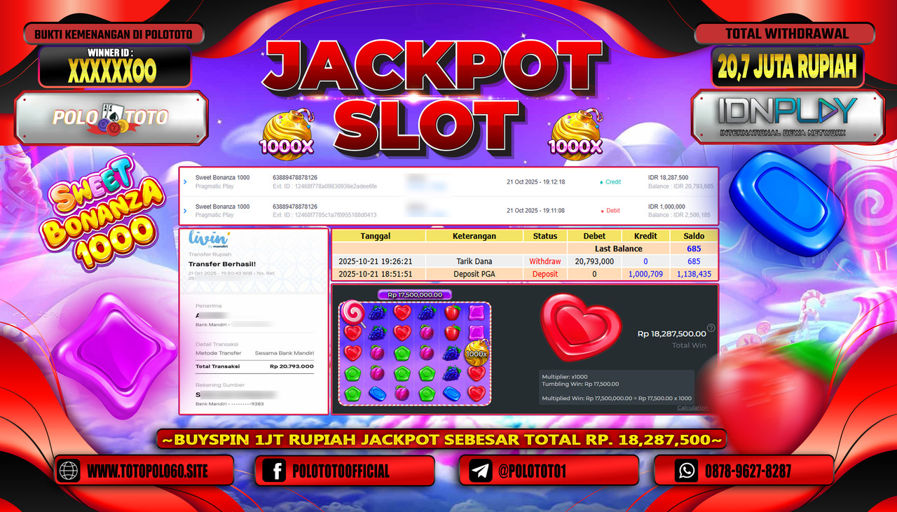 POLOTOTO JACKPOT SLOT SWEET BONANZA 1000 Rp.20.700.000,- LUNAS