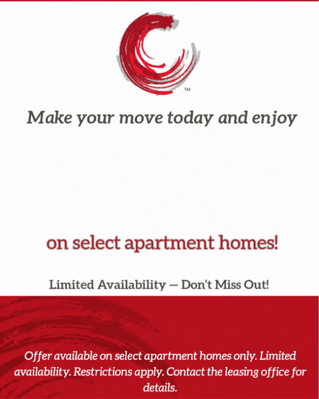 Move in now and pay no rent until November 1st on select apartment homes