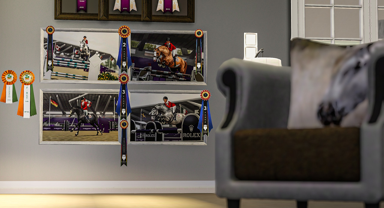 Framed photos of Team Croatia horses with the ribbons.