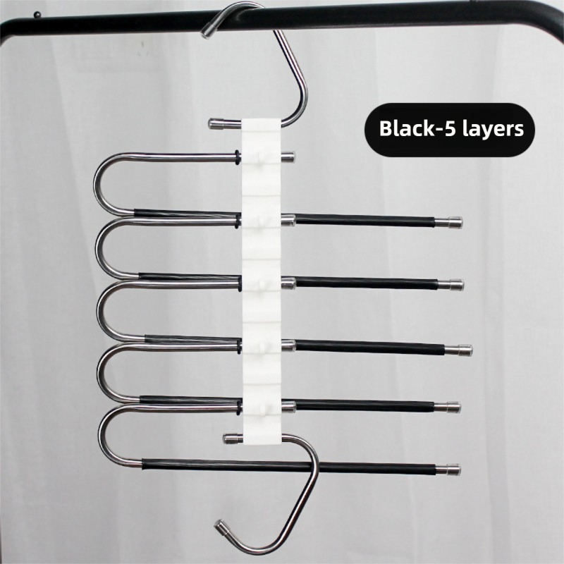 5-Layers Black Stainless Steel Pants Rack with Horizontal / Vertical Modes and Expandable Pull-Out Rods - High-Load Folding Magic Hanger