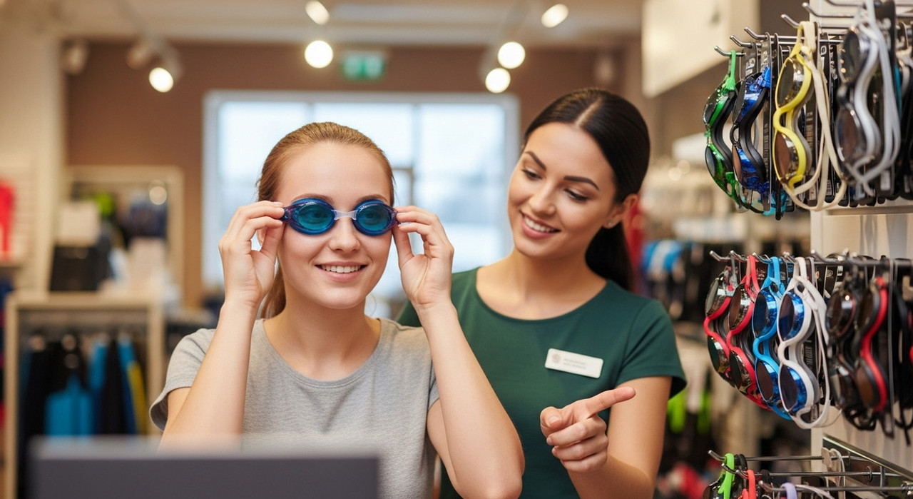 Выбор и примерка очков для плавания в спортивном магазине