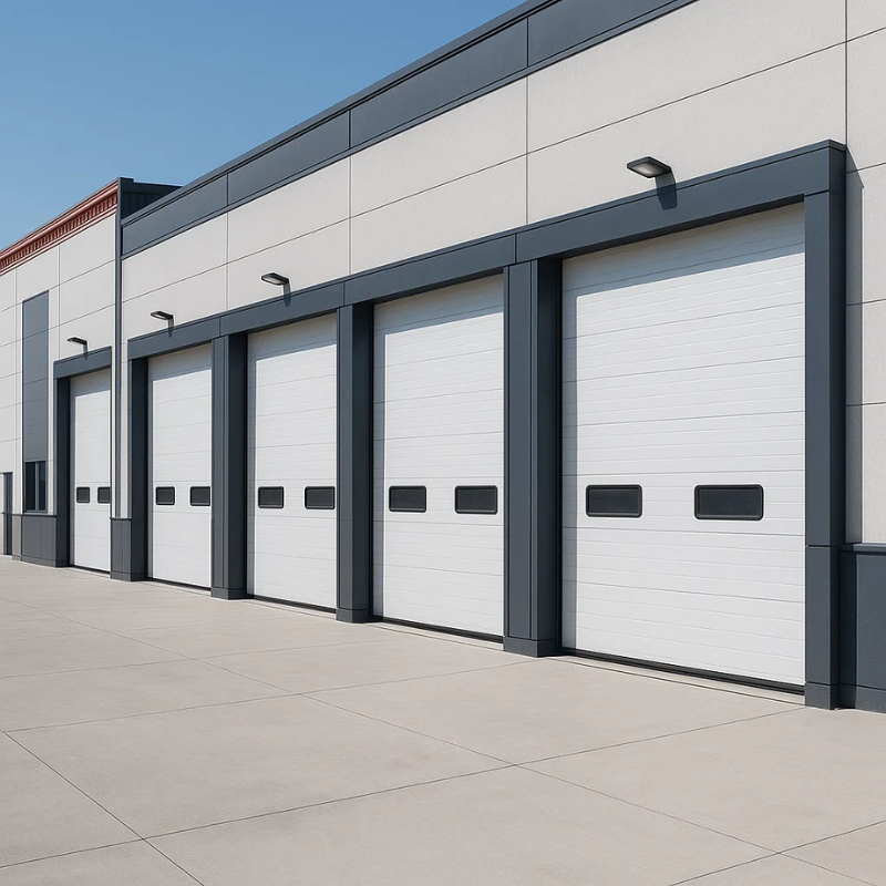 Porte sectionnelle grise avec hublots pour garage