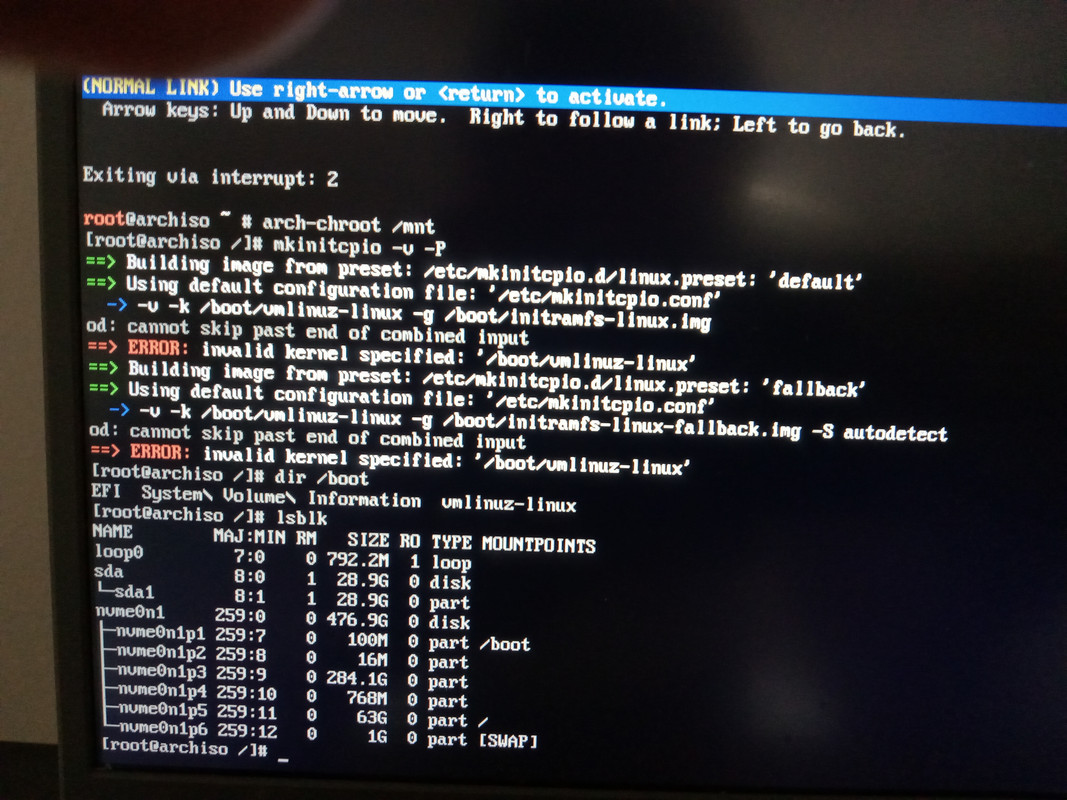 "ERROR: invalid kernel specified: '/boot/vmlinuz-linux'". ESP mounted to /boot